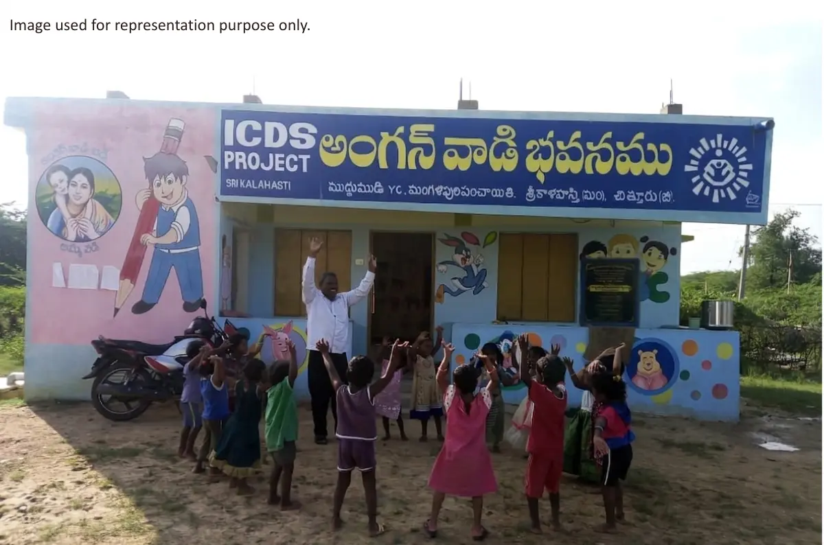 Children participating in an activity outside an Anganwadi centre under the ICDS programme in India.
