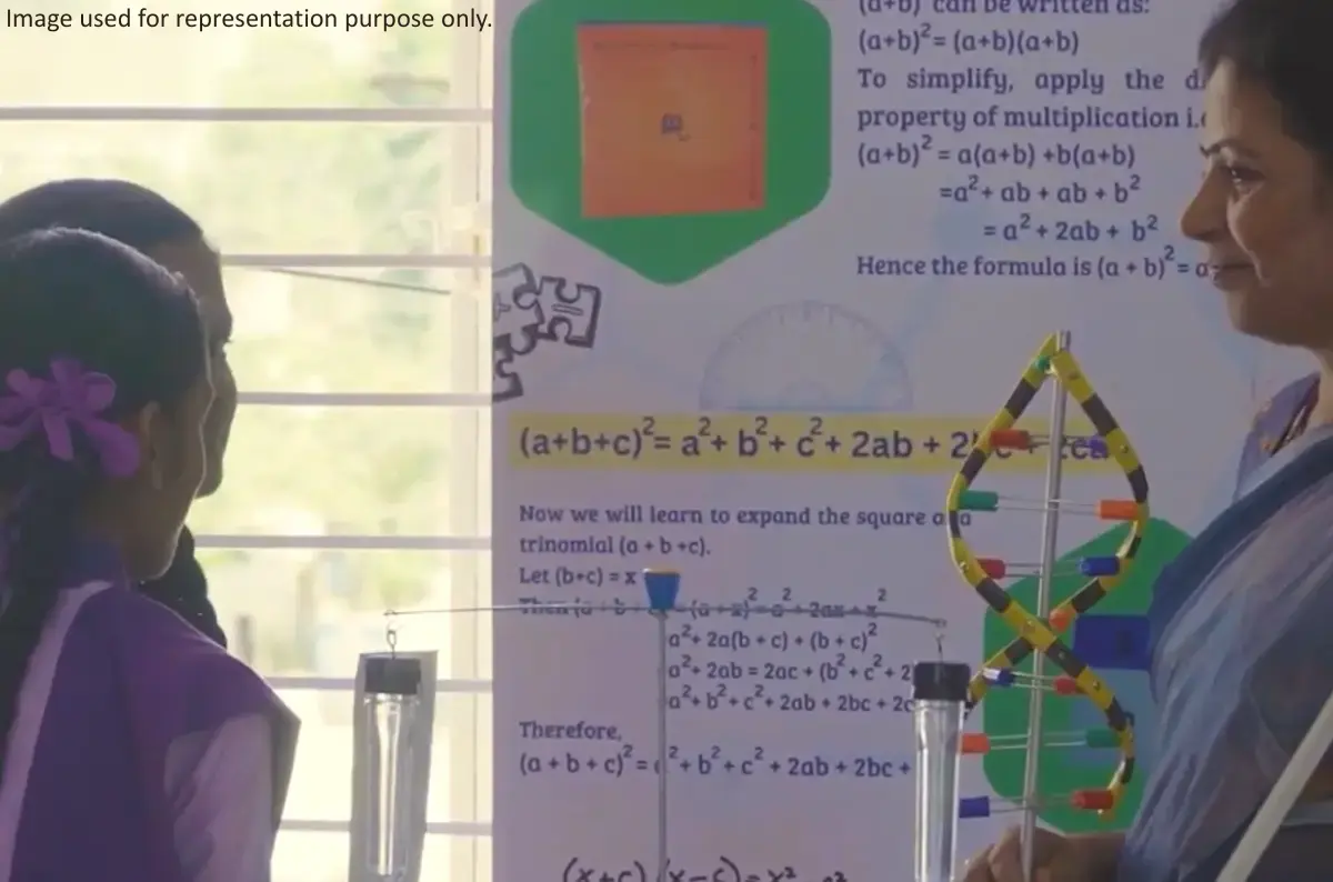A teacher guiding students through an interactive classroom activity using visual learning aids to promote experiential learning and STEM education.